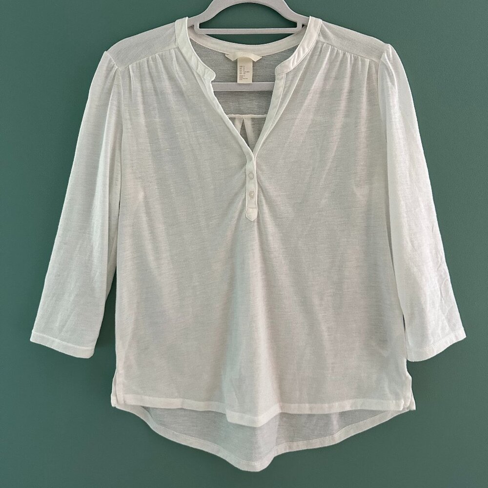 H&M White V-Neck Henley Blouse - Small